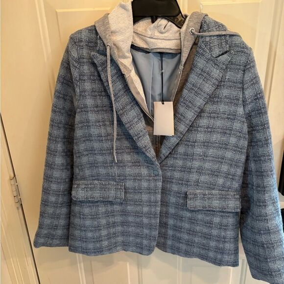 Elan Blue Plaid Long-Sleeve Layered Blazer Hoodie - Picture 6 of 8